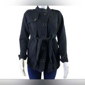 EUC Motherhood Maternity Black Button-Up  Coat Belted Waist - Size L